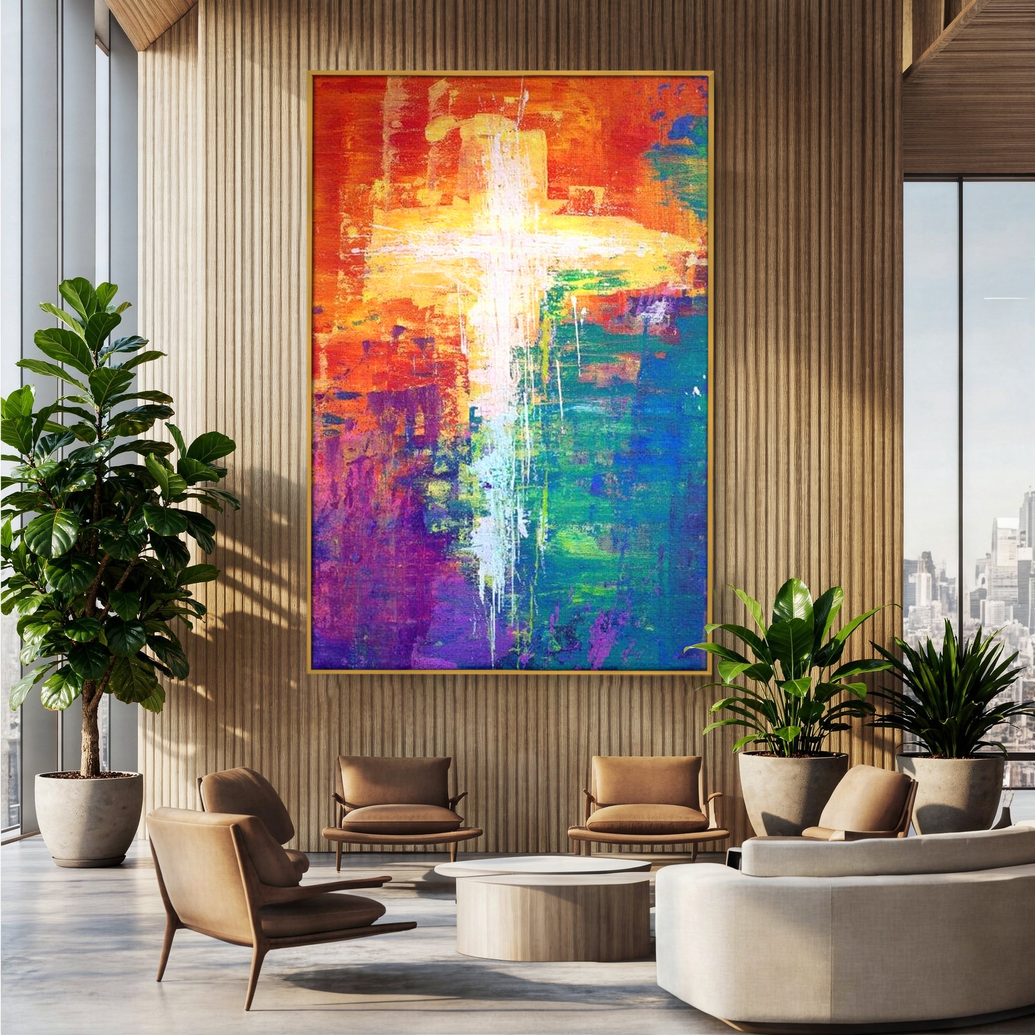 Tablou canvas cu tablou pictat cu o cruce luminoasa, in rama de aluminiu auriu, pe perete intr-un birou